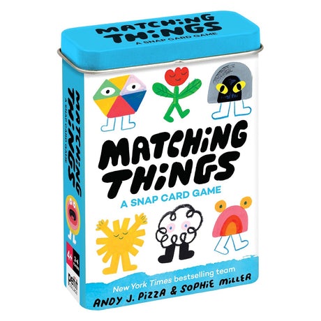 Matching Things: A Snap Card Game tin box featuring colorful, quirky illustrated characters.