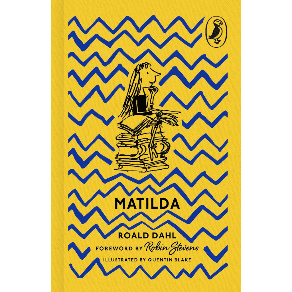 Yellow book cover of "Matilda" by Roald Dahl features a sketch of a girl sitting on a stack of books, surrounded by blue zigzag lines. Playful and whimsical design.