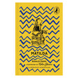 Yellow clothbound book cover of Matilda by Roald Dahl, featuring blue zigzags and a Quentin Blake illustration of Matilda.