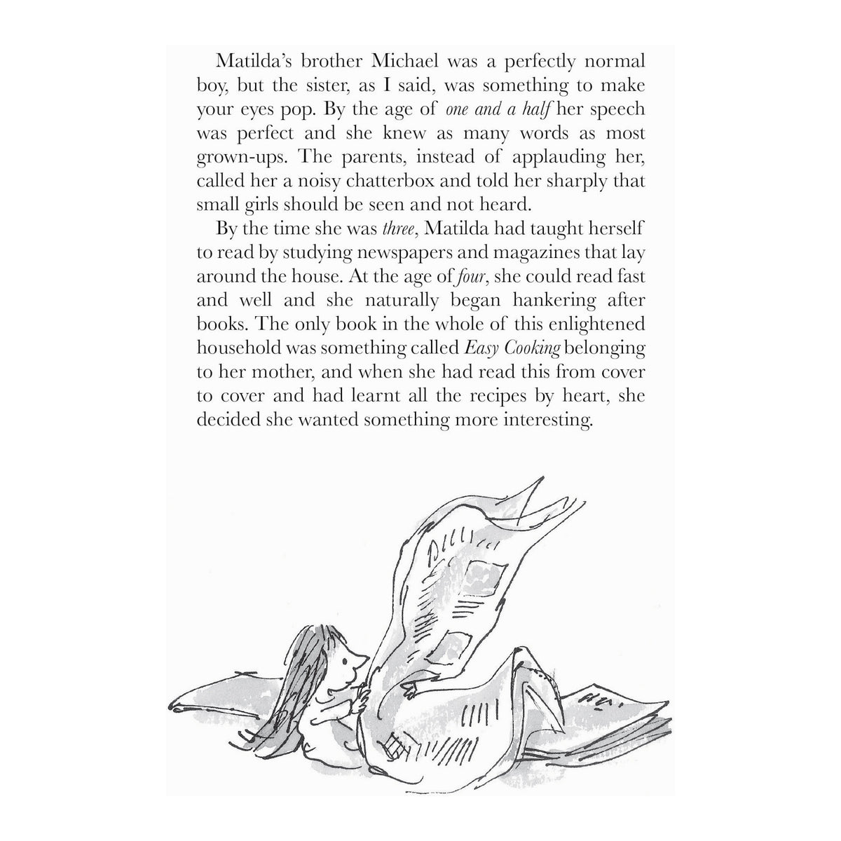 Blue book page with text about Matilda's early reading habits and an illustration of a young girl reading a newspaper.