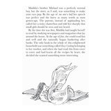Blue book page with text about Matilda's early reading habits and an illustration of a young girl reading a newspaper.