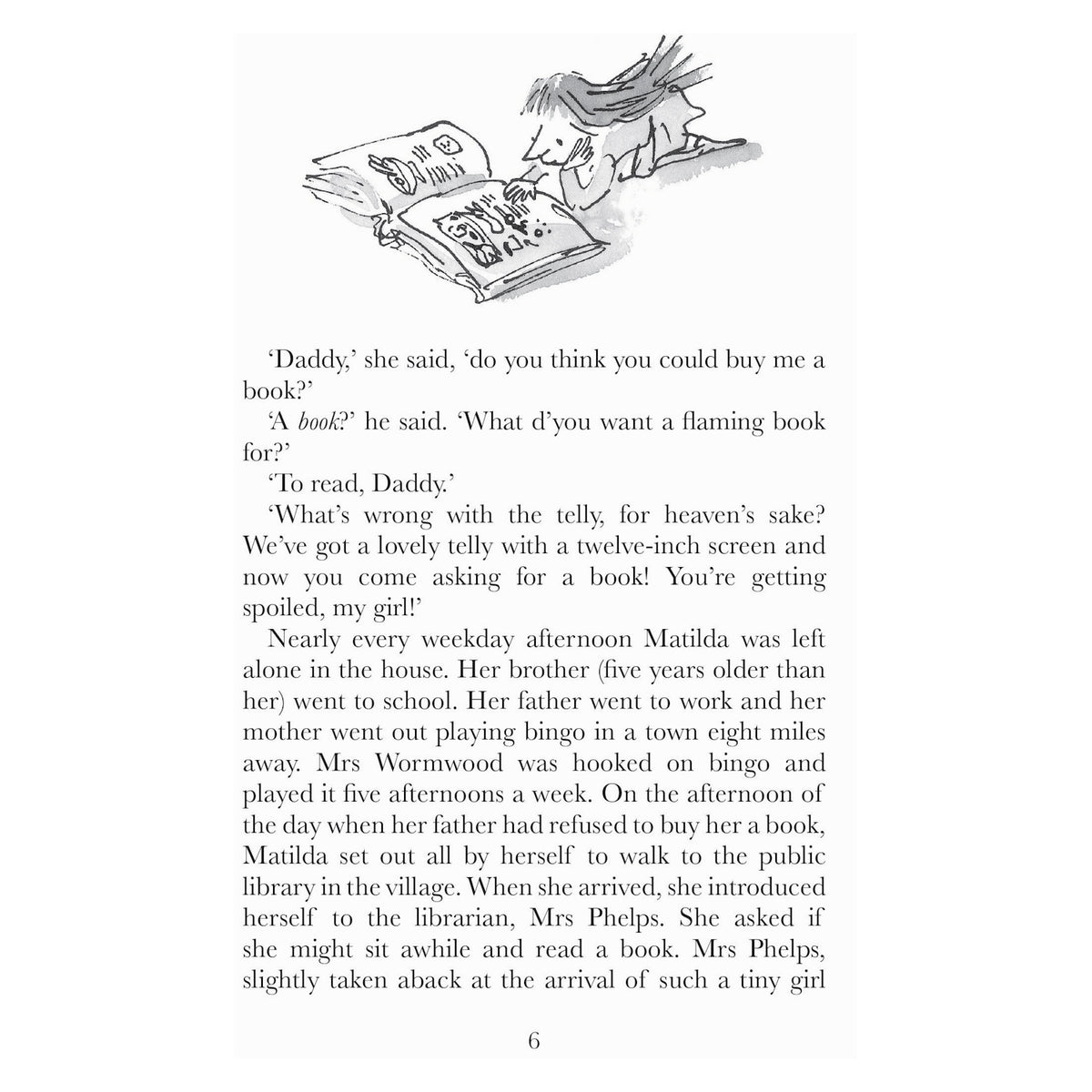 A page from Matilda with an illustration of a girl reading on top and text describing her visit to the library.