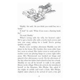 A page from Matilda with an illustration of a girl reading on top and text describing her visit to the library.