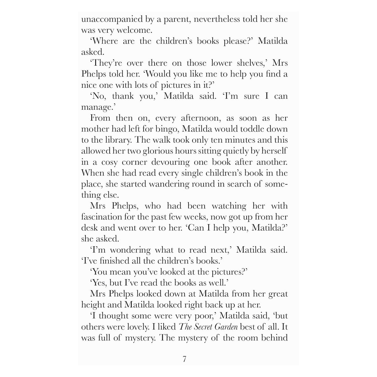 Book page 7 featuring text of Matilda talking to Mrs. Phelps about finishing all the children's books and liking The Secret Garden best.