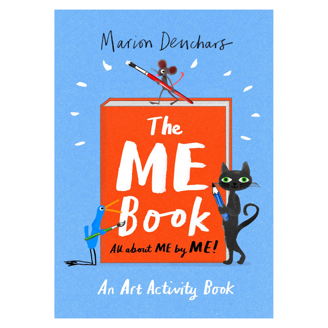 Cover of "The ME Book" by Marion Deuchars. Features a red book with playful illustrations: a mouse, bird, and cat holding art supplies on a blue background. Energetic and creative tone.