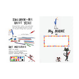 A colorful children's book page encouraging creativity. Left side lists art materials with doodles of pens, pencils, and a palette. Right side has a space for a name with playful illustrations of a bird, cat, and mouse, exuding a fun and imaginative tone.
