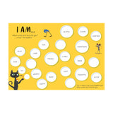 Yellow background with various white bubbles, each labeled with adjectives like "helpful," "clever," and "silly." A cartoon cat blows bubbles, a mouse cheers, adding a playful tone.