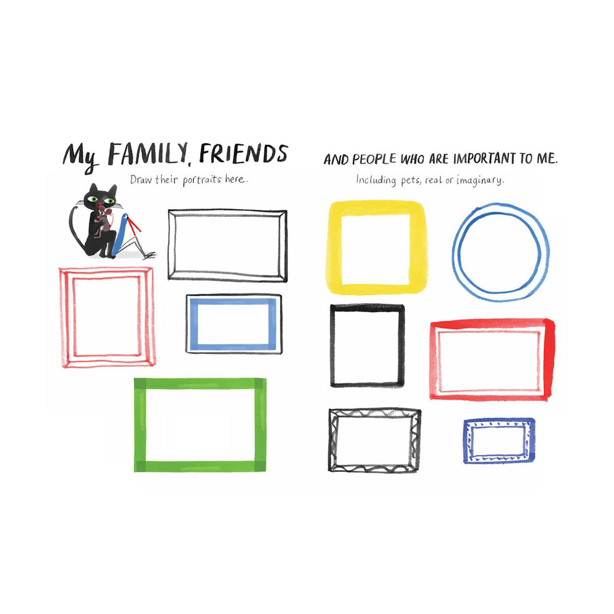 Colorful empty frames and a black cat invite users to draw family, friends, and significant people or pets, both real and imaginary, within them.