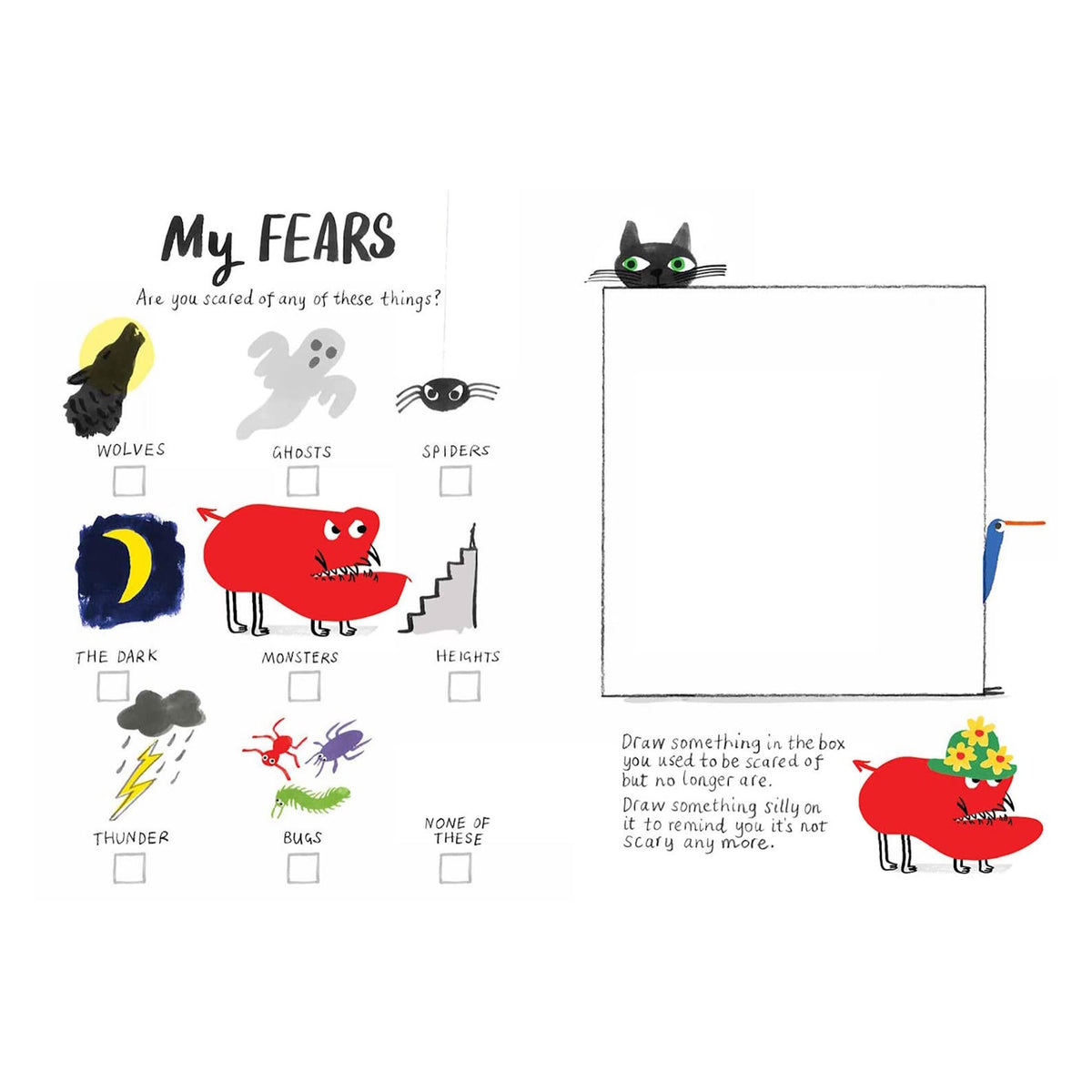 Cartoon image titled "My Fears" lists items like wolves, ghosts, and spiders. Blank box for drawing fears has a cat and bird peeping. Humorous tone.