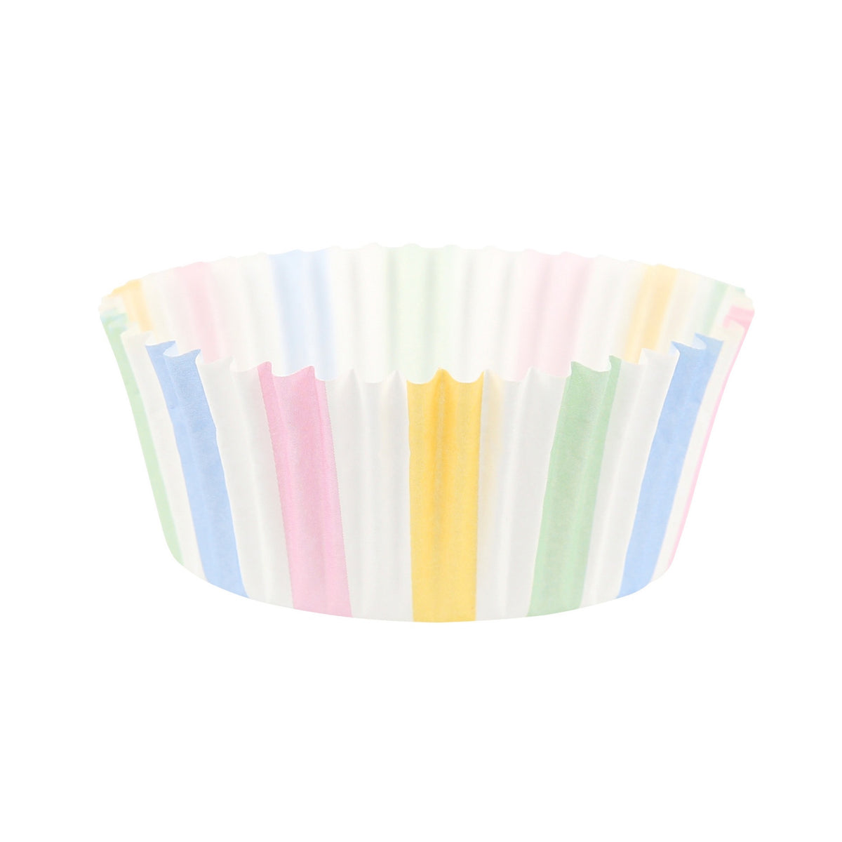 Single pleated baking cup with pastel vertical stripes in blue, pink, yellow, and green.