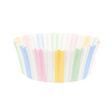Single pleated baking cup with pastel vertical stripes in blue, pink, yellow, and green.