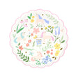 Round scalloped paper plate with a pastel unicorn and floral pattern.