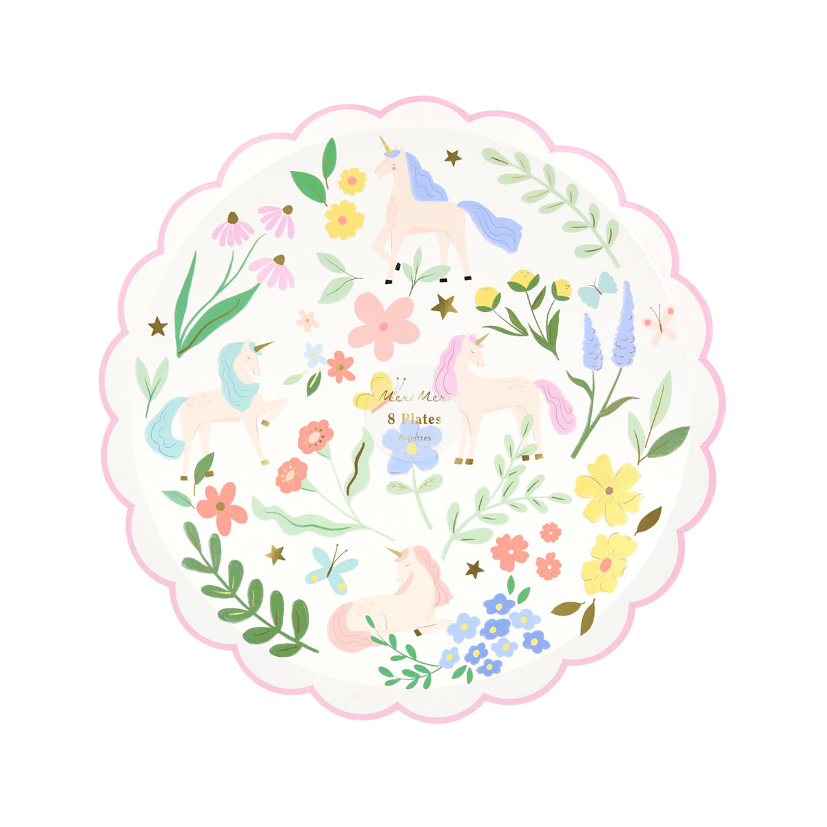 Round scalloped paper plate with a pastel unicorn and floral pattern.