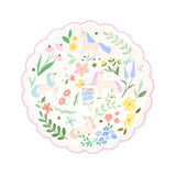 Round scalloped paper plate with a pastel unicorn and floral pattern.