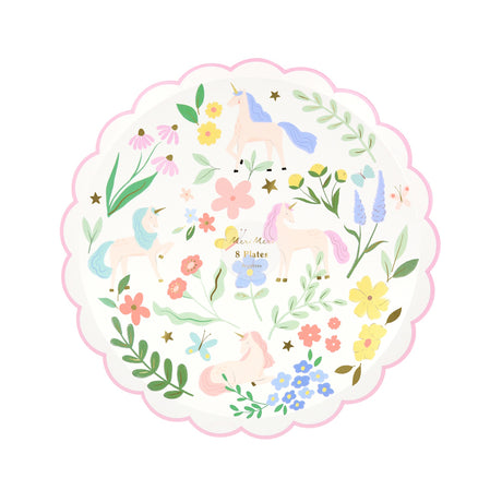 Round scalloped paper plate with a pastel unicorn and floral pattern.