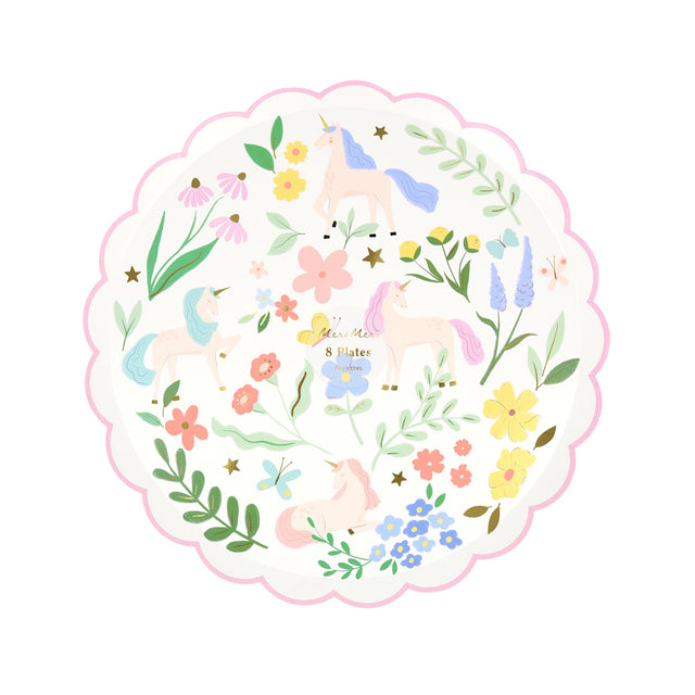 Round scalloped paper plate with a pastel unicorn and floral pattern.