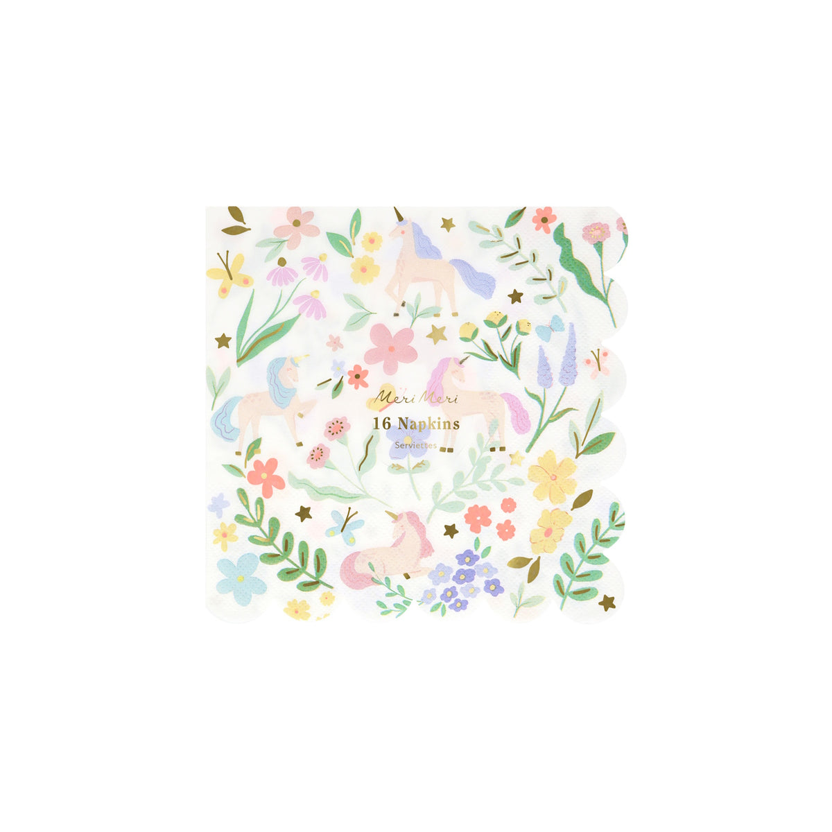 Square paper napkin with scalloped edges, featuring a pattern of pastel unicorns, flowers, and stars.