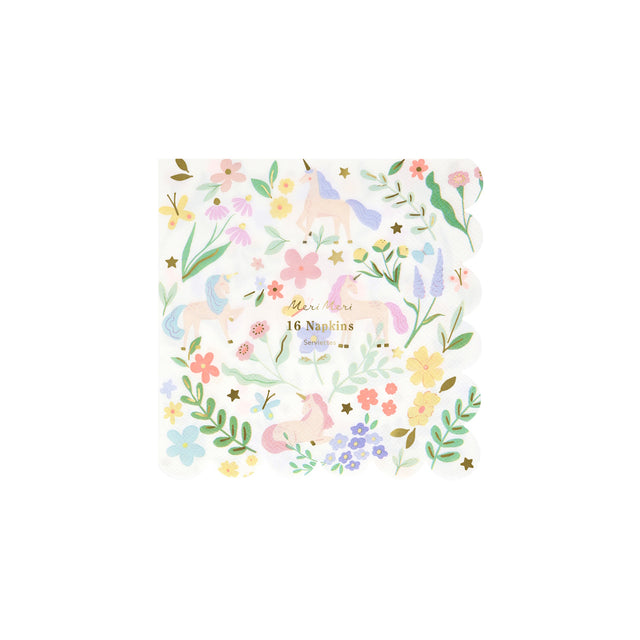 Square paper napkin with scalloped edges, featuring a pattern of pastel unicorns, flowers, and stars.