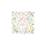 White paper napkin with scalloped edges, featuring a pastel pattern of unicorns, flowers, and butterflies.