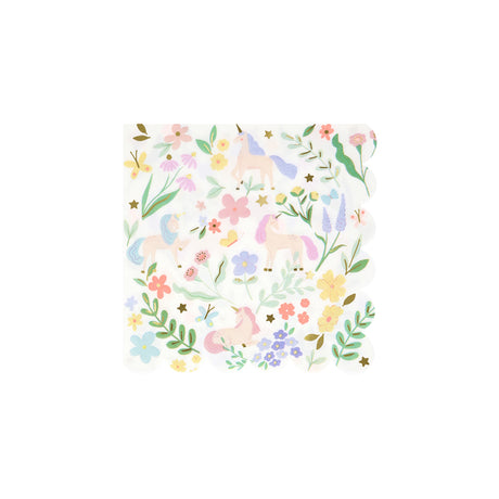 White paper napkin with scalloped edges, featuring a pastel pattern of unicorns, flowers, and butterflies.