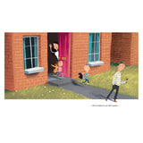 Children and a dog excitedly run out of a pink door in a brick house, while an adult waves from the doorway. The scene feels lively and cheerful.