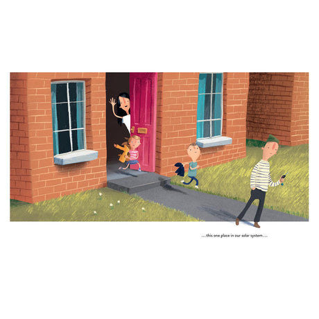 Children and a dog excitedly run out of a pink door in a brick house, while an adult waves from the doorway. The scene feels lively and cheerful.