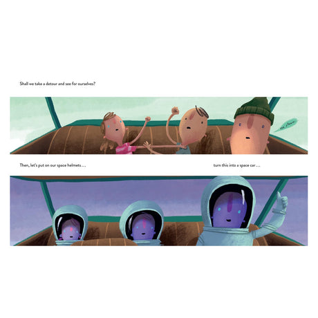 Three cartoon characters sit in a car; two enthusiastically suggest a detour, while donning space helmets for an imaginative space adventure.