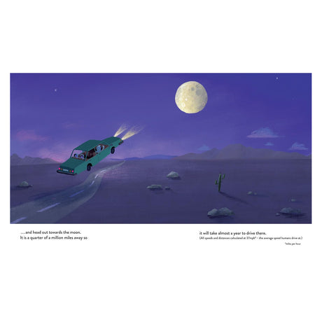 A turquoise car flies off a desert road towards a large, glowing moon in a purple night sky. The whimsical scene conveys a sense of adventure.
