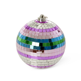 Colorful disco ball ornament with mirrored squares in pink, purple, blue, green, and silver stripes. Shiny and festive against a white background.
