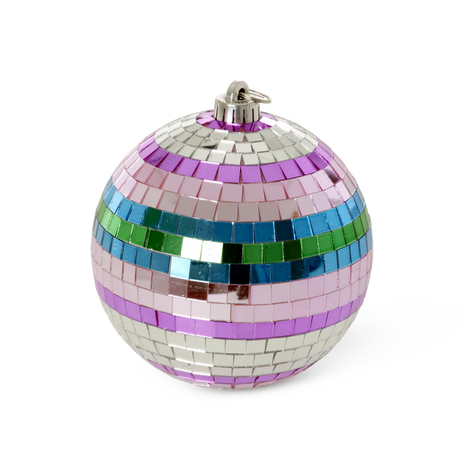Colorful disco ball ornament with mirrored squares in pink, purple, blue, green, and silver stripes. Shiny and festive against a white background.