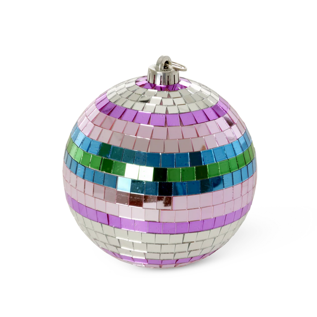 Colorful disco ball ornament with mirrored squares in pink, purple, blue, green, and silver stripes. Shiny and festive against a white background.