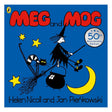A witch on a broomstick flies over a crescent moon, accompanied by a black cat and a cauldron. Bright stars accent the blue background. The cover reads "Meg and Mog, 50th Anniversary Edition."