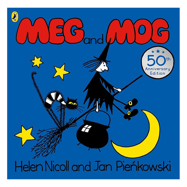 A witch on a broomstick flies over a crescent moon, accompanied by a black cat and a cauldron. Bright stars accent the blue background. The cover reads "Meg and Mog, 50th Anniversary Edition."