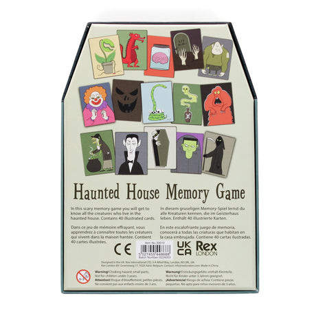 Back of Haunted House Memory Game box by Rex London showing spooky cartoon character cards and product details.