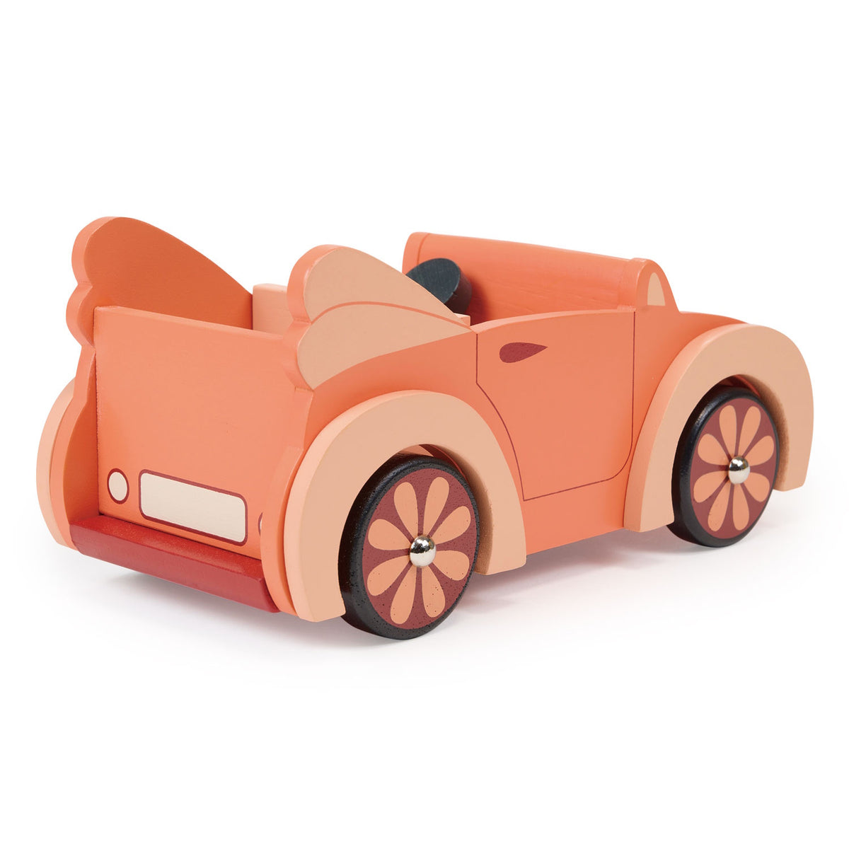 Orange wooden toy car with flower wheels.