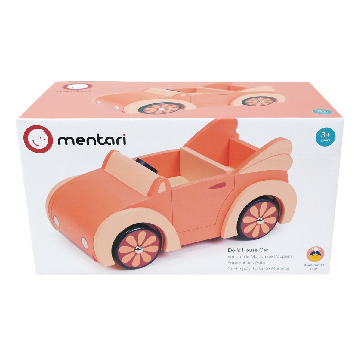 Packaging box for Mentari Dolls House Car featuring the orange toy vehicle.