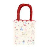 Meri Meri Animal Friends party bags with red handles, featuring illustrated cats, dogs, and bunnies with balloons.