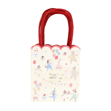 Meri Meri Animal Friends party bags with red handles, featuring illustrated cats, dogs, and bunnies with balloons.
