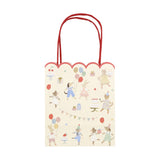 Meri Meri animal party bag with illustrations of dogs, cats, bunnies, and mice with balloons and cakes.