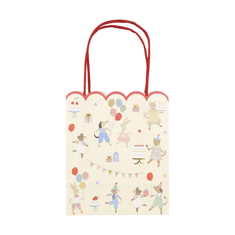 Meri Meri animal party bag with illustrations of dogs, cats, bunnies, and mice with balloons and cakes.