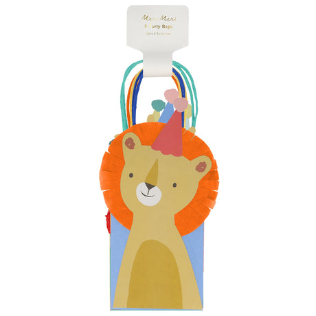Meri Meri Animal Parade party bags featuring a cute lion with a paper mane, party hat, and colorful twisted handles.
