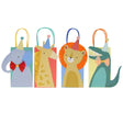 Set of four colorful Meri Meri Animal Parade party bags featuring an elephant, giraffe, lion, and crocodile with bow ties.
