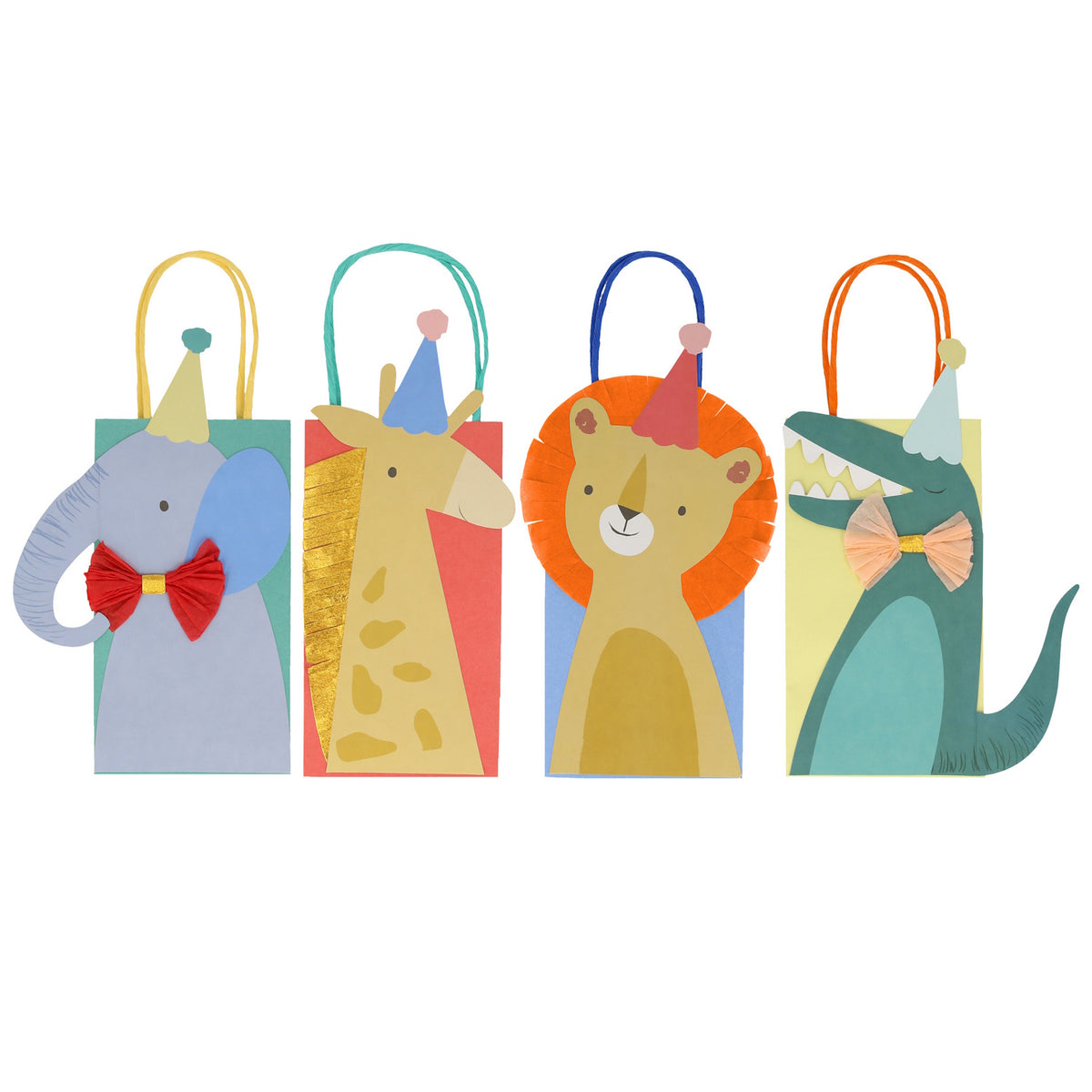 Set of four colorful Meri Meri Animal Parade party bags featuring an elephant, giraffe, lion, and crocodile with bow ties.