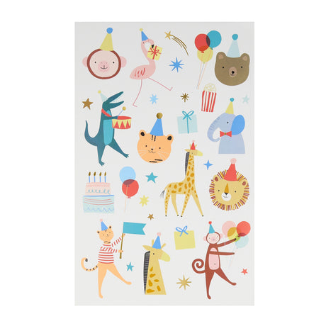 Colorful animal parade temporary tattoo sheet with party hats, balloons, and cake. Ideal for kids' birthday party favors.