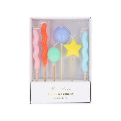 Meri Meri set of 6 colorful balloon and star shaped birthday candles on wooden picks in a white gift box.