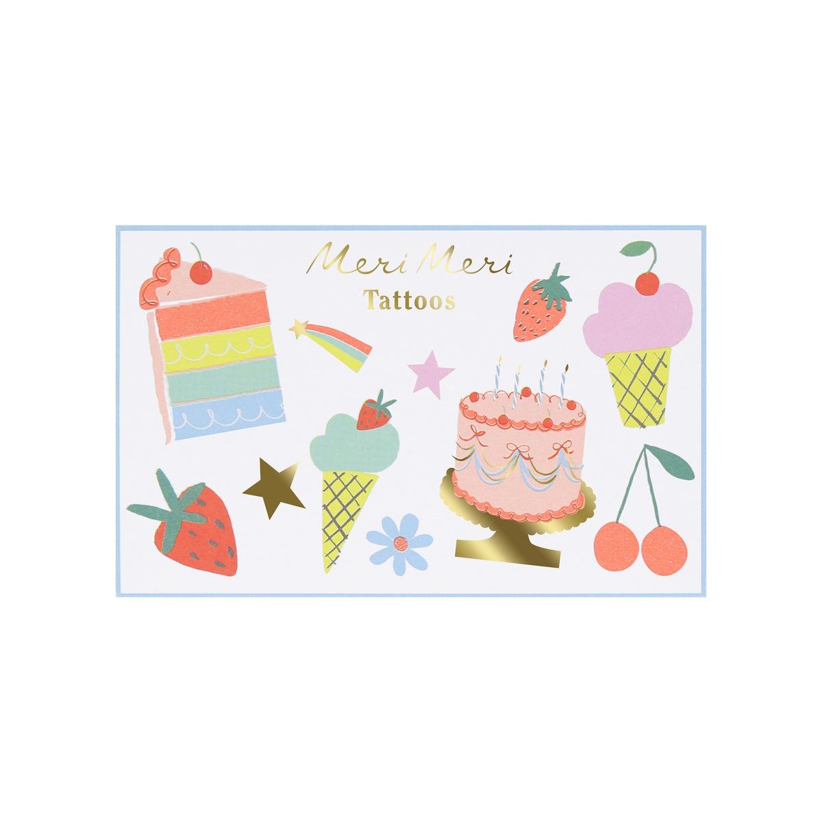 Meri Meri birthday temporary tattoos featuring a rainbow cake, ice cream cones, cherries, and gold foil stars.