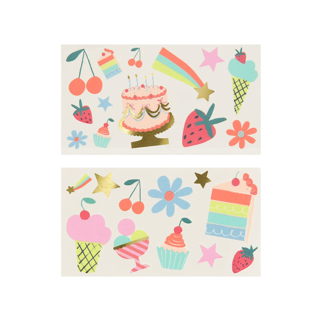 Colorful birthday temporary tattoos featuring cakes, cupcakes, ice cream, stars, and rainbow illustrations.