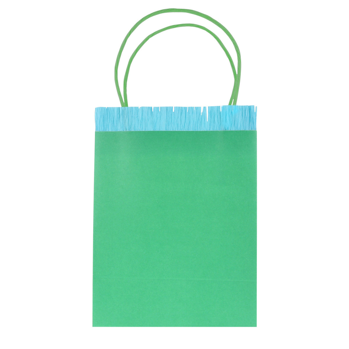 Green Meri Meri party bag with blue fringe trim and green handles for celebrations and birthdays.