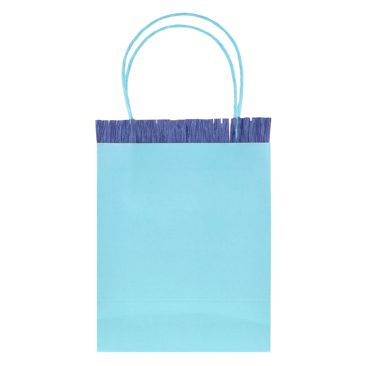 Light blue Meri Meri party bag with dark blue crepe paper fringe and blue twine handles on a white background.