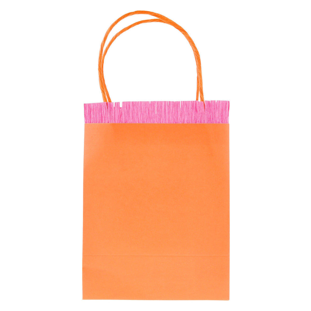 Orange paper party bag with pink fringe trim and twisted paper handles on a white background.